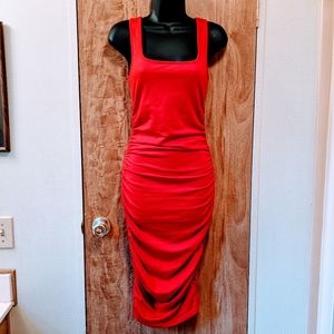 Cherry Red Sleeveless Sheath Dress w/ Ruched Sides